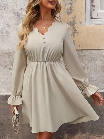 Elegante Vestido Mini para Mujer con Manga Acampanada y Cuello en V Festoneado Color Sólido Manga Larga Vestido Corto en A