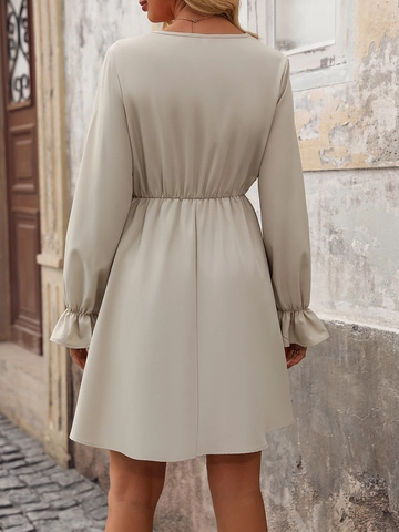 Elegante Vestido Mini para Mujer con Manga Acampanada y Cuello en V Festoneado Color Sólido Manga Larga Vestido Corto en A