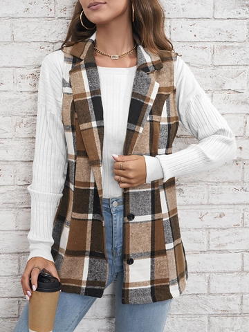Damen Mode Karo Weste Mantel Ärmellos Revers Einreihig Knopf Weste Lässig Britischen Stil Oberbekleidung Herbst Winter Top