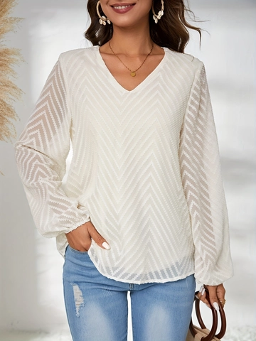 Damen Elegant V Ausschnitt Langarm Bluse Geometrische Jacquard Chiffon Shirt Casual Pendeln Top Cremeweiß