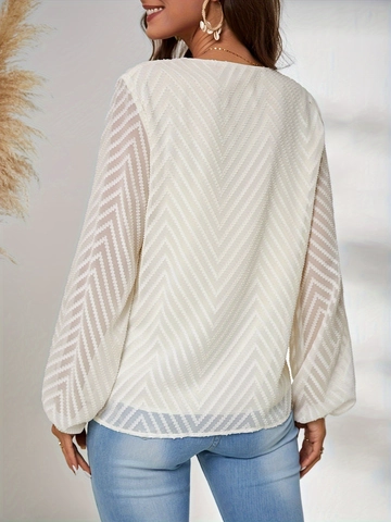 Damen Elegant V Ausschnitt Langarm Bluse Geometrische Jacquard Chiffon Shirt Casual Pendeln Top Cremeweiß