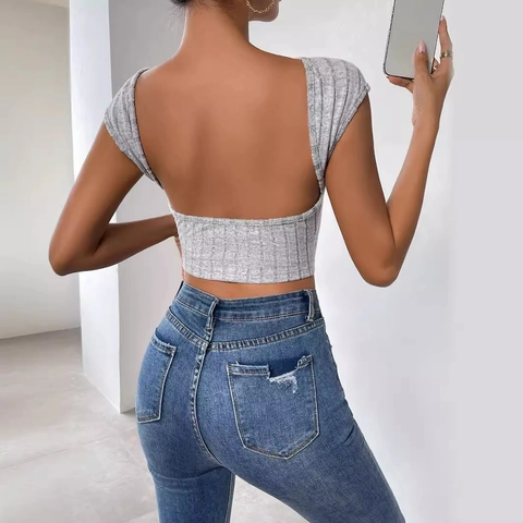 Top Corto da Donna a Costine a Maniche Corte Sexy con Schiena Scoperta Slim Fit Grigio Girocollo Casual Estate Maglietta