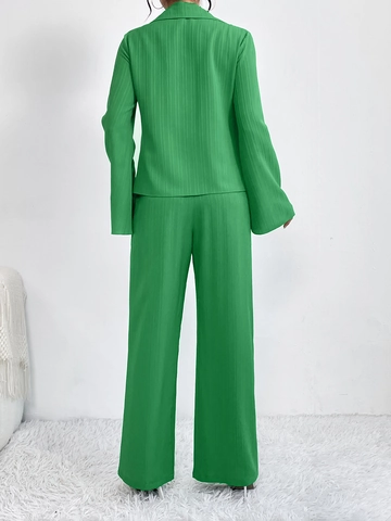 Completo Donna Camicia Pieghettata e Pantaloni Gamba Larga Bottoni Revers Maniche Campana Casual Plisse Pendolare Moda Top Pantaloni