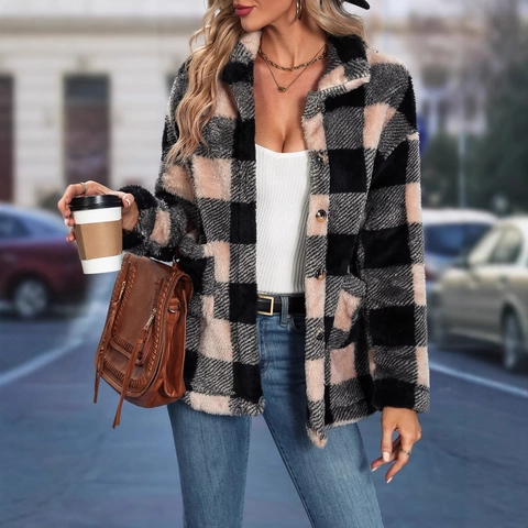 Donna Giacca Camicia in Flanella a Quadri con Bottoni Manica Lunga Revers Giacca Peluche Pelliccia Sintetica Pile Capispalla Cappotto Invernale Casual