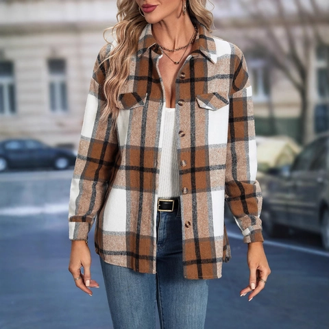 Damen Kariert Knopfhemd Jacke Langarm Revers Karierte Shacket Oberbekleidung Mit Taschen Casual Mode Khaki