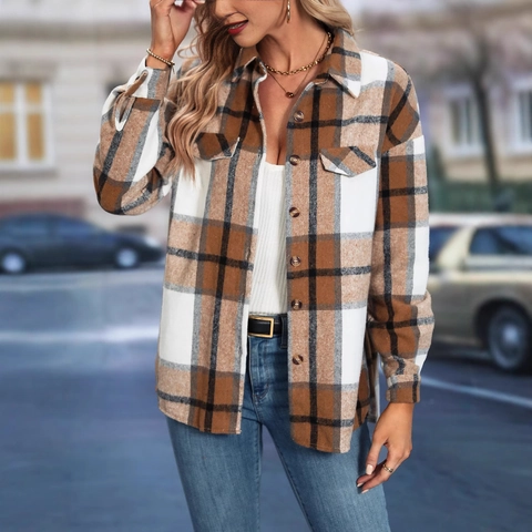 Damen Kariert Knopfhemd Jacke Langarm Revers Karierte Shacket Oberbekleidung Mit Taschen Casual Mode Khaki