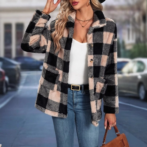 Donna Giacca Camicia in Flanella a Quadri con Bottoni Manica Lunga Revers Giacca Peluche Pelliccia Sintetica Pile Capispalla Cappotto Invernale Casual