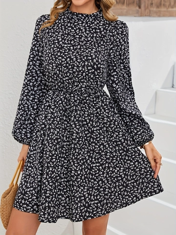 Elegant Mock Neck Long Sleeve Floral Print A-Line Dress Women Elastic Waist Lantern Sleeve Chiffon Pullover Mini Dress