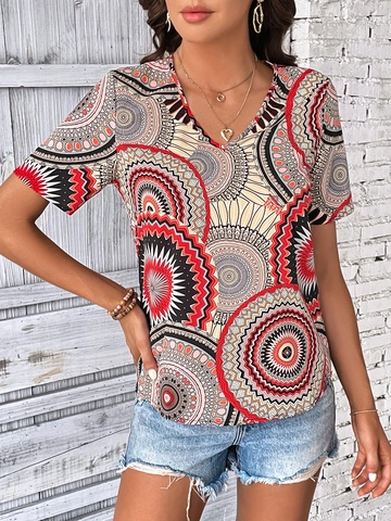 Vintage Mandala Geometrische Print V-Hals Korte Mouw Top Dames Zomer Boho Grafische Casual Pullover Shirt Zacht Lichtgewicht T-Shirt