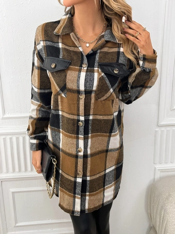 Camicia Giacca Donna a Quadri Oversize Manica Lunga Cappotto Con Patte Tasca in Ecopelle Giacca Camicia Casual