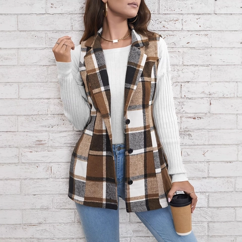 Women's Plaid Lapel Mid-Length Suit Vest Sleeveless Button Down Casual British Style Waistcoat Outerwear For Autumn Winter