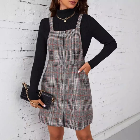 Women's Retro Plaid Pinafore Dress Sleeveless Zipper Front Short Straight Skirt With Pockets Casual Autumn Winter Wear