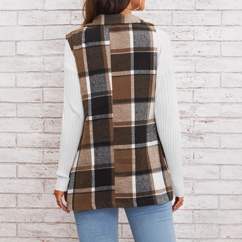 Women's Plaid Lapel Mid-Length Suit Vest Sleeveless Button Down Casual British Style Waistcoat Outerwear For Autumn Winter