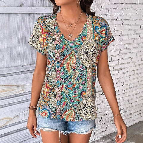 Top de Manga Corta con Cuello en V y Estampado de Paisley Bohemio para Mujer Blusa de Verano Casual Rétro para Vacaciones Camisa de Moda
