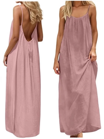 Women Sexy Backless Camisole Maxi Dress Loose Pleated Spaghetti Strap Summer Vacation Beach Long Sundress