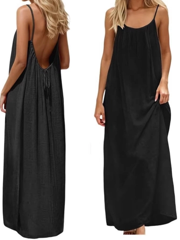 Women Sexy Backless Camisole Maxi Dress Loose Pleated Spaghetti Strap Summer Vacation Beach Long Sundress