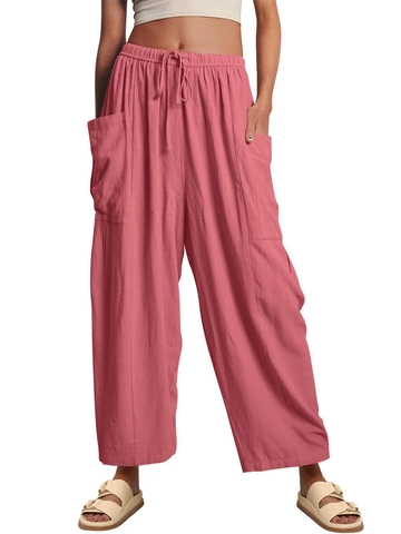 Pantalon Femme Décontracté en Lin Coupe Droite Taille Élastique à Cordon Grandes Poches Ample Été Plage Quotidien