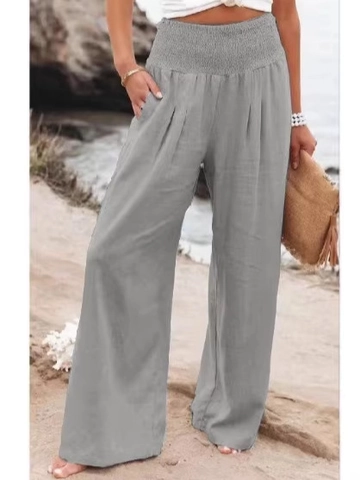 Women High Waist Wide Leg Pants Smocked Elastic Waist Casual Loose Trousers With Pockets Summer Beach Bohemian Palazzo Pants
