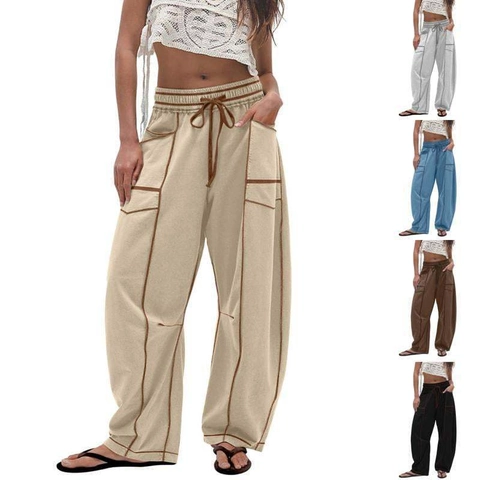 Femmes Décontracté Taille Haute Amample Pantalon Large Couleur Unie Cordon Long Pantalon Survêtement Bas