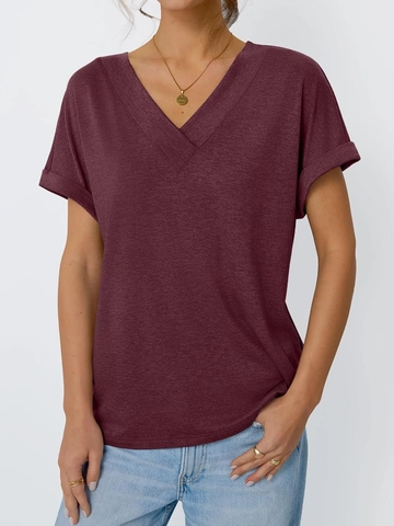Women's Casual V Neck Short Sleeve T-Shirt Loose Fit Solid Color Summer Top Basic Cuffed Sleeve Tee