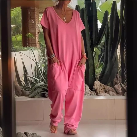 Damen Casual V Ausschnitt Lockerer Harem Jumpsuit Mit Großen Taschen Sommer Einfarbig Tiefer Schritt Kurzarm Weite Overalls