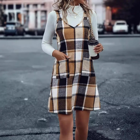 Vestido Pichi Casual a Cuadros para Mujer Cuello en V Sin Mangas Vestido de Tweed con Bolsillos Retro Otoño Invierno Moda Mini Vestido
