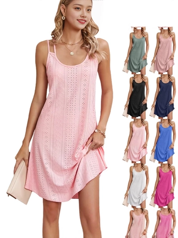 Women Sexy Sleeveless Spaghetti Strap Mini Dress Hollow Out Eyelet A-Line Summer Casual Vacation Party Sundress Pink Black