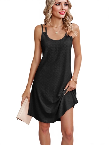 Women Sexy Hollow Out Spaghetti Strap Mini Dress Summer Solid Color A-Line Sleeveless Sun Dress For Party Casual Vacation