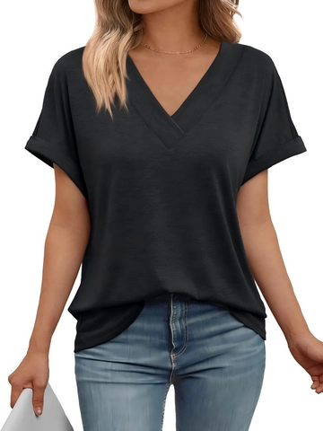 Women's Casual V Neck Short Sleeve T-Shirt Loose Fit Solid Color Summer Top Basic Cuffed Sleeve Tee