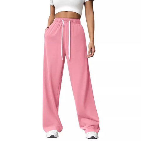 Women High Waist Wide Leg Sweatpants Casual Loose Fit Drawstring Athletic Trousers Solid Color Polyester Lounge Pants