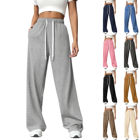 Women's High Waist Wide Leg Sweatpants Casual Lounge Straight Drawstring Solid Color Sports Pants With Pockets Bottoms