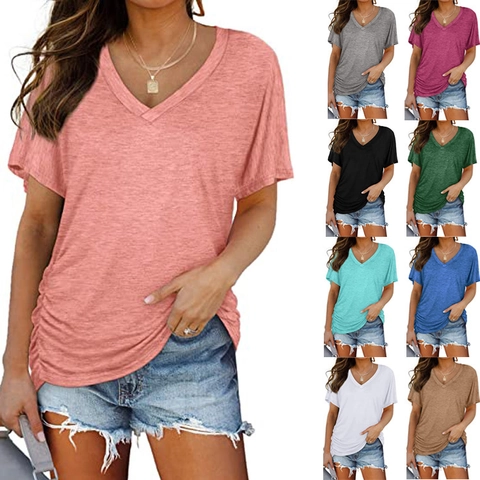 Dames Casual V-hals T-shirt met Korte Mouwen Zijgeplooid Effen Kleur Slim Fit Zomertop Basic Forens Polyester Tee