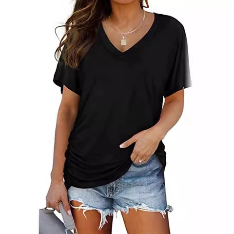Dames Casual V-hals T-shirt met Korte Mouwen Zijgeplooid Effen Kleur Slim Fit Zomertop Basic Forens Polyester Tee