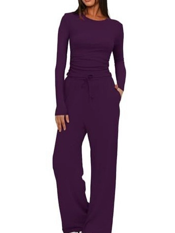 Damen Einfarbig Lässig Langarm Oberteil Und Hohe Taille Weite Hose Lounge Set Lose Sportlich Strick Trainingsanzug Homewear