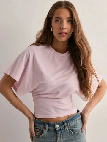 Women Sexy Slim Fit Round Neck Short Sleeve T-Shirt Batwing Sleeve Waist Cinched Pleated Solid Color Summer Pullover Casual Top