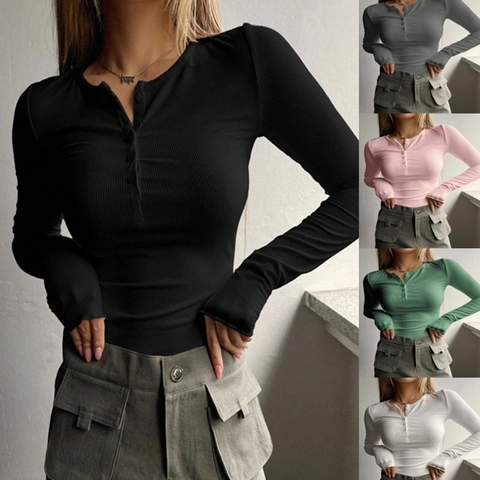 Γυναικείο Ριμπ T-Shirt Henley Μακριύ Μανίκι Slim Fit Κουμπιά Μονόχρωμο Casual Πλεκτό Τοπ Άνετο Ελαστικό Μόδα