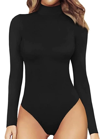 Women Sexy High Neck Long Sleeve Bodysuit Slim Fit Solid Color Thong Leotard Basic Stretch Jumpsuit Tops For Daily Wear