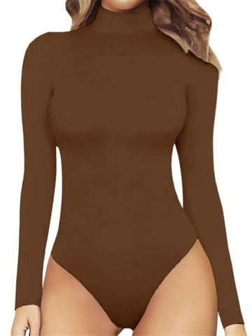 Women Sexy High Neck Long Sleeve Bodysuit Slim Fit Solid Color Thong Leotard Basic Stretch Jumpsuit Tops For Daily Wear