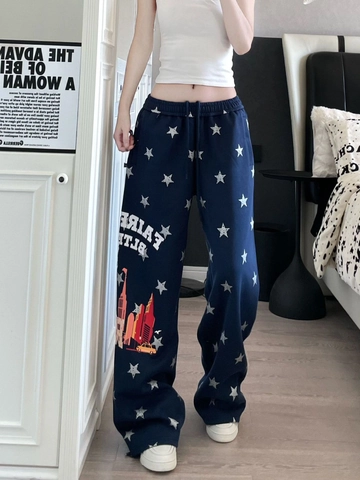 Pantalones de Chándal American Vintage con Estampado de Estrellas para Mujer Hombre Streetwear Holgados Pernera Ancha Azul