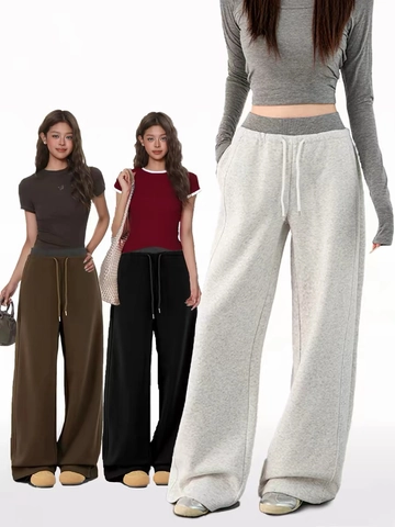 Women Casual Wide Leg Sweatpants High Waist Drawstring Loose Straight Leg Lounge Pants Solid Color Comfy Sporty Trousers