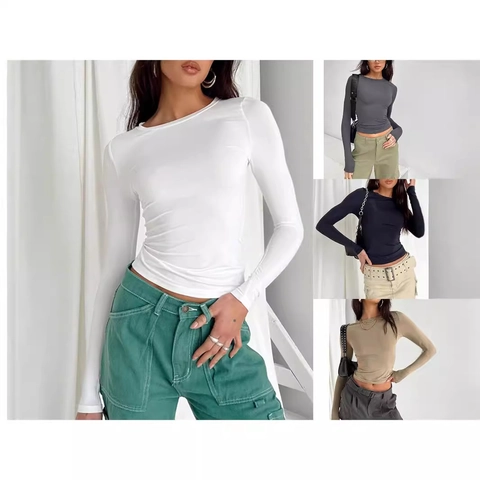 T-Shirt Ajusté à Col Rond pour Femmes Couleur Unie Manches Longues Décontracté Haut Basique Moulant