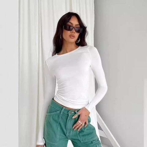 T-Shirt Ajusté à Col Rond pour Femmes Couleur Unie Manches Longues Décontracté Haut Basique Moulant