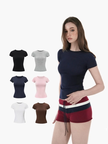 Dames Casual Polyester Slim Fit Korte Mouw T-Shirt Basic Effen Kleur Ronde Hals Top Voor Fitness Dagelijks