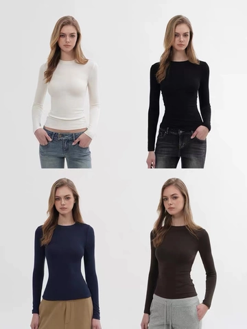 Γυναικείο Slim Fit T-shirt με Στρογγυλή Λαιμόκοψη και Μακρύ Μανίκι Μινιμαλιστικό Μονόχρωμο Casual Base Layer Top για Καθημερινή Μετακίνηση