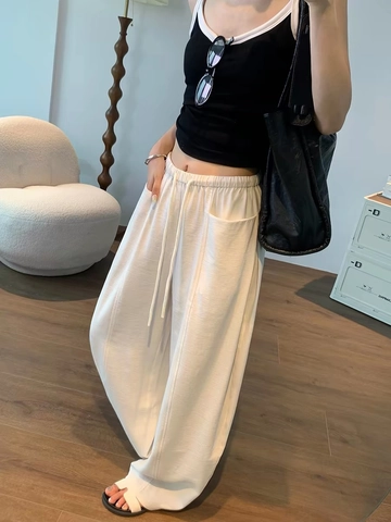 Women High Waist Wide Leg Casual Pants Lyocell Linen Blend Trousers With Elastic Drawstring Waist And Pockets