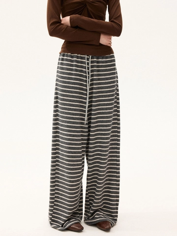 Pantaloni a Gamba Larga a Strisce Casual da Donna a Vita Alta Con Coulisse Pantaloni Dritti Minimalisti Grigio Bianco