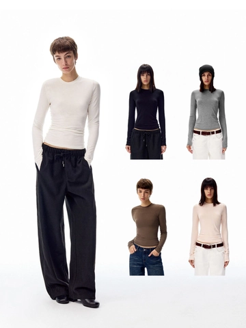 Women Casual Round Neck Slim Fit Long Sleeve T-Shirt Solid Color Basic Pullover Top For Daily Wear Soft Polyester Tee