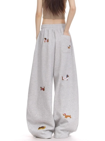 Women Casual Wide Leg Sweatpants Cute Dachshund Dog Embroidery Elastic Drawstring Waist Loose Streetwear Bottoms Pants