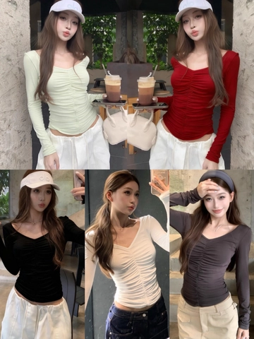 Women Sexy Ruched Long Sleeve V-Neck T-Shirt Slim Fit Viscose Brushed Elastic Base Layer Solid Color Hot Girl Top