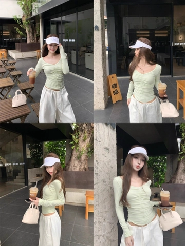 Women Sexy Ruched Long Sleeve V-Neck T-Shirt Slim Fit Viscose Brushed Elastic Base Layer Solid Color Hot Girl Top